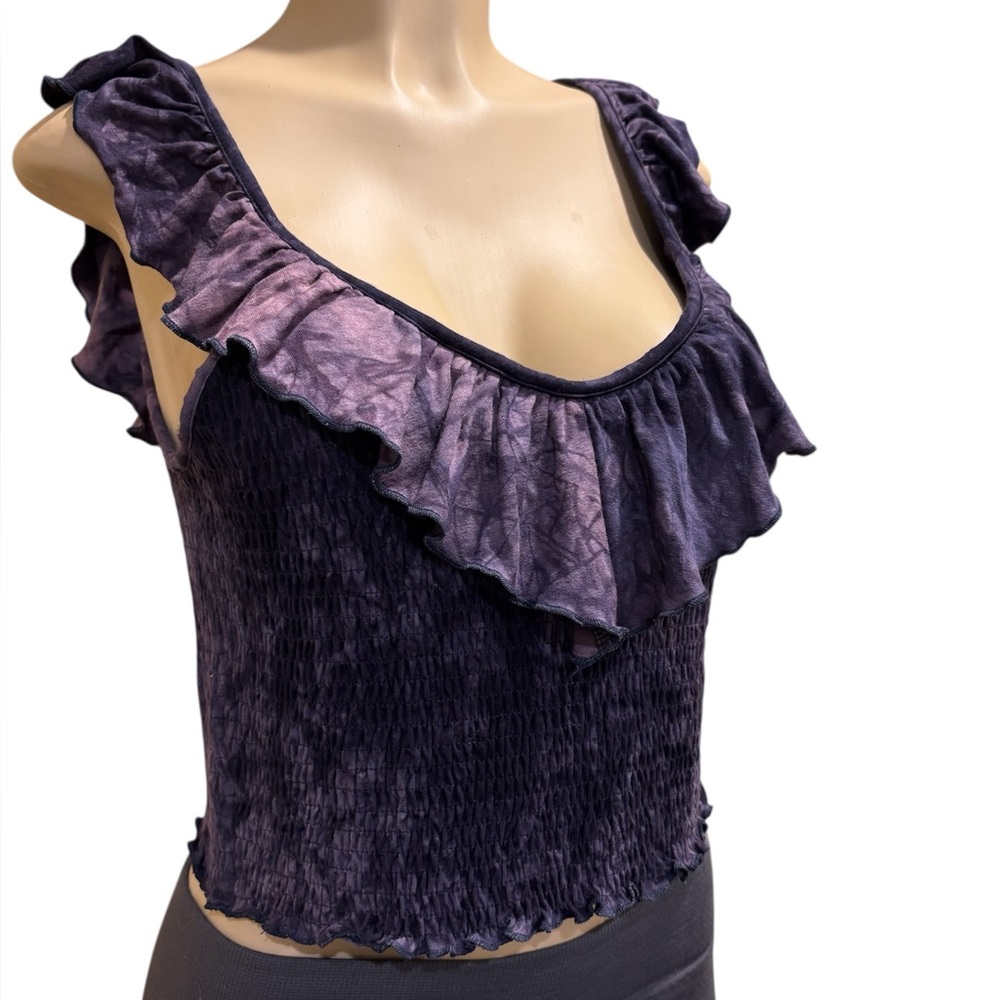 Boho / Goth Shirring Ruffled V- neck Tie- Dye Top - by American Eagle